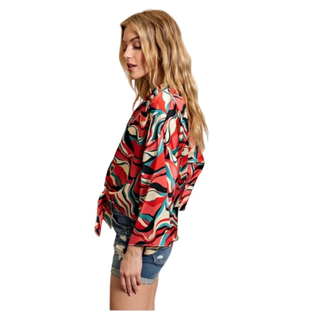 RETRO WAVE TIE ABSTRACT WIDE SLEEVE TOP ( Crimson Tide ) - Picture 3 of 8